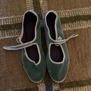 Flabelus Green Velvet Mary Jane Ballet Flats with Strap